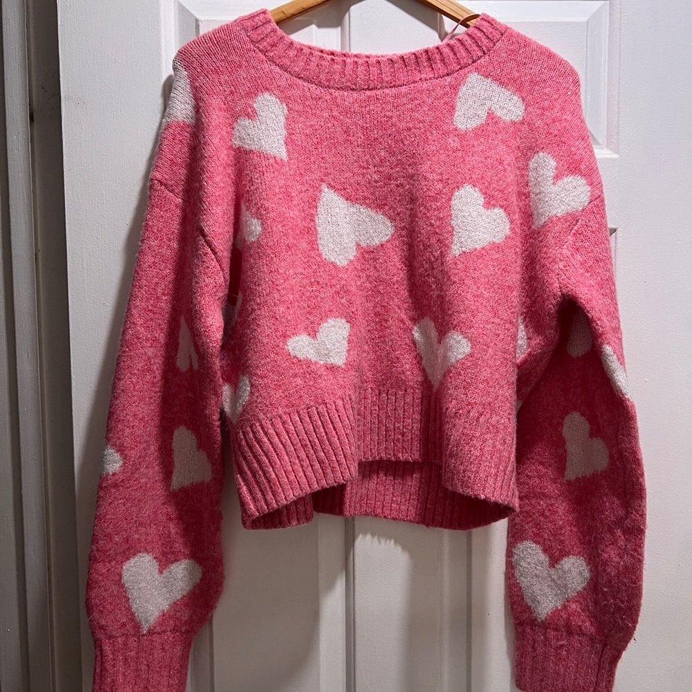 Jessica Simpson Pink and White Heart Crewneck Sweater